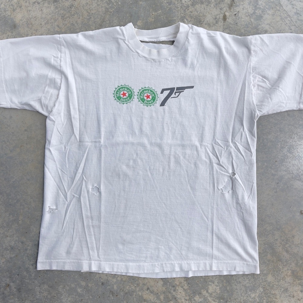 Heineken James Bond 007 Promo T-Shirt Mens XL White Vintage Distressed Graphic